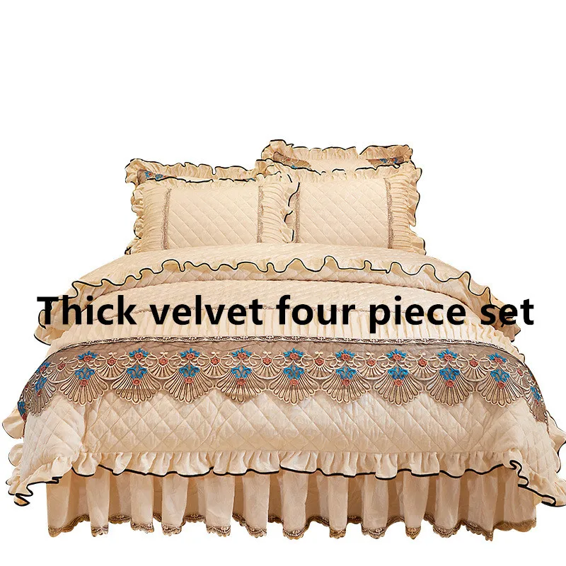 Wholesale Hot Style Solid Color Velvet Duvet Cover For Household Winter Direct Sales Jacquard 4PCS Bed Skirt Luxury European