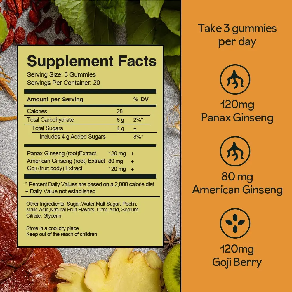 Organic Herbal Extract Health Maintenance Energy Support Gummies For Adults with Ginseng Goji Extracts
