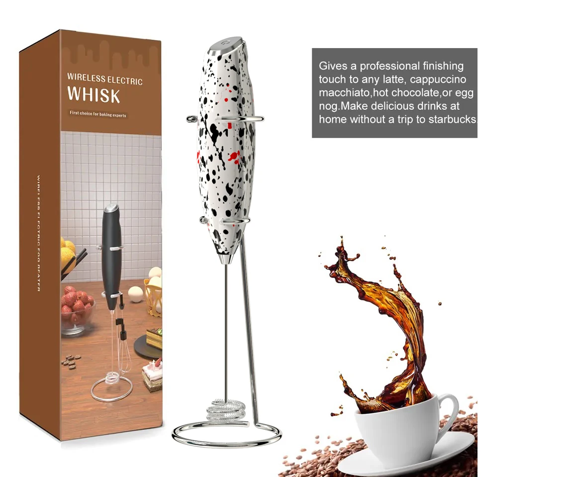 Factory Direct Sale Milk Frother Handheld Battery Operated Electric Foam Maker, Drink Mixer with Stainless Steel Whisk and Stand