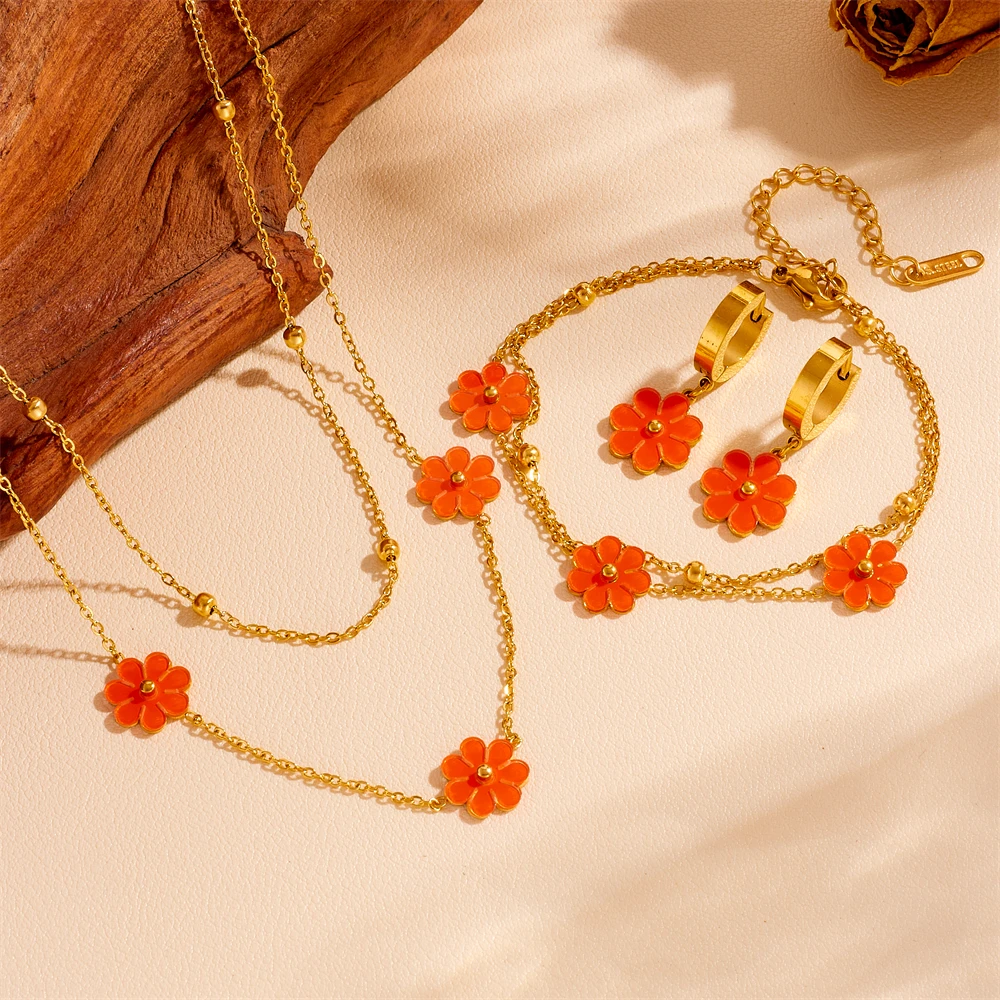 2024 stainless Steel flower Earrings Necklace bracelet stainless steel White Pink Red Daisy flower Jewelry Set for Women