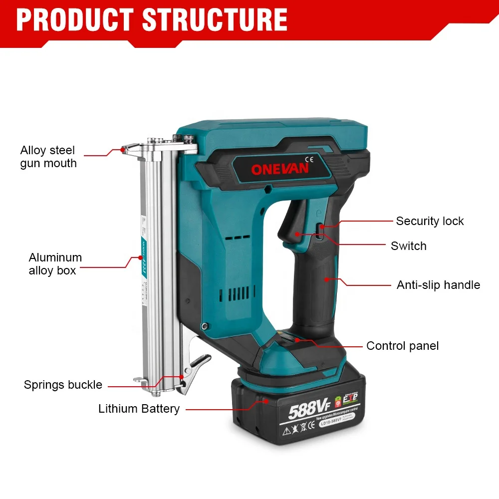 ONEVAN 422J Brushless Electric Nail Gun U Nailer 2 Gear Cordless Stapler Nailer Woodworking Power Tool