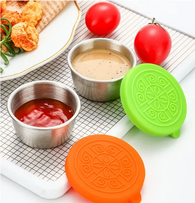 Reusable Round Small Sauce Cup With Leakproof Silicone Lids Salad Dressing Containers Stainless Steel Condiment Container
