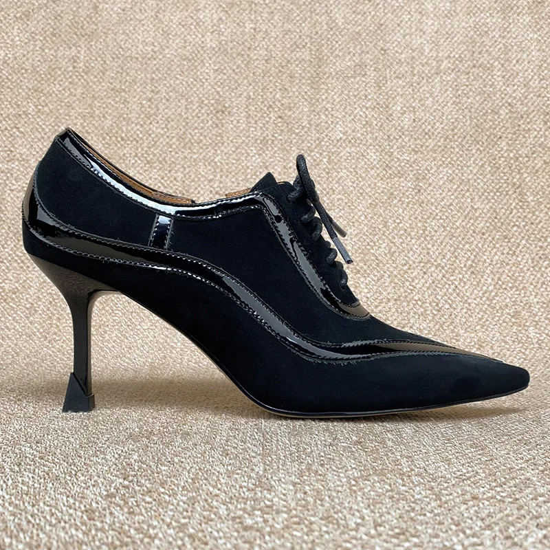 Factory Universe P024 Ladies Pumps Genuine Leather Square Heel Lace-up Kid Suede Pointed Toe Women High Heel Dress Shoes