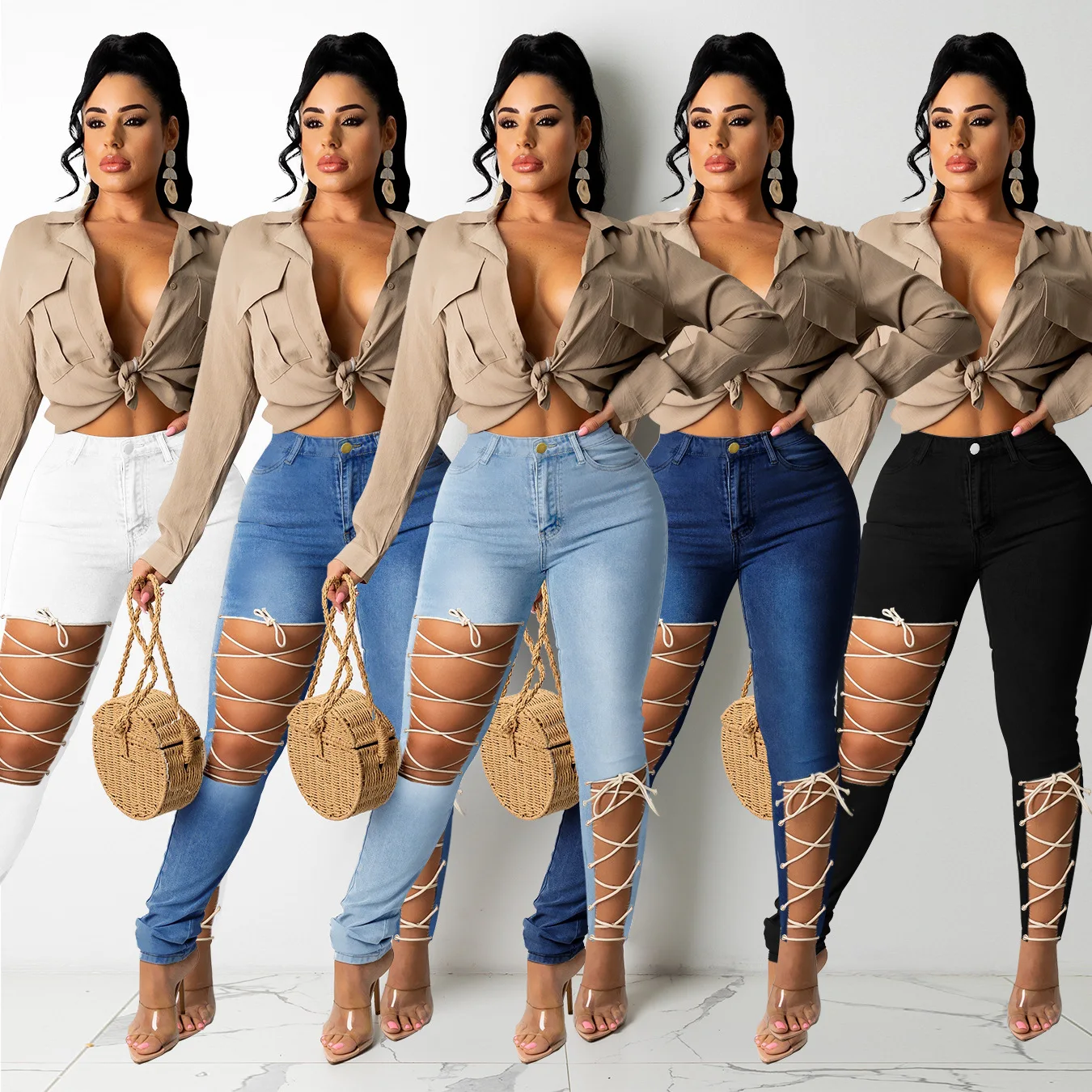 New Style Autumn Fashion Solid Color Broken Hole Bandage Sexy Trousers Jeans For Women Stylish