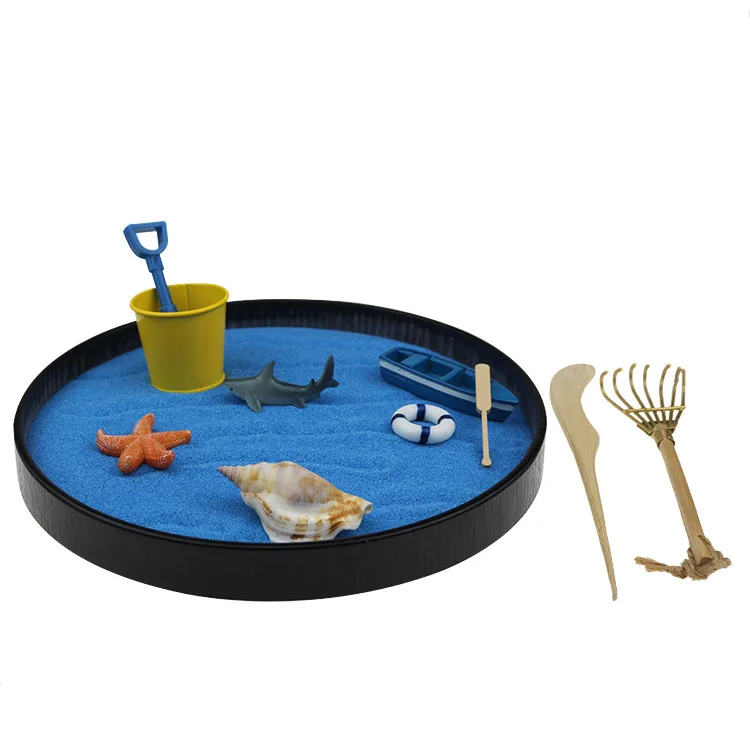 Japanese Ocean Style Zen Garden Kit Zen Sand Garden Box for Home Office Decor - Tray,Tools,Sand,Palm Tree,Starfish,Conch&Stone