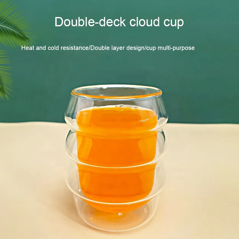 Creative high borosilicate cloud double-layer 250ml glass cup transparent flower tea milk wave water glasses