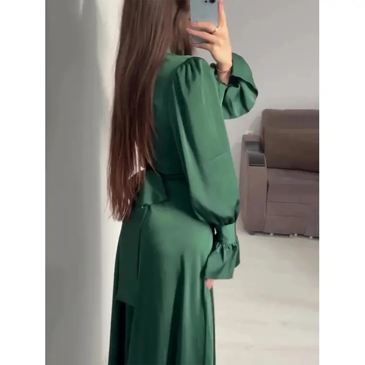 2024 Ramadan Turkish Dark Green Abaya Muslim Dress Women Kaftan Dubai Islamic Clothing Modest Satin Evening Dress Abaya