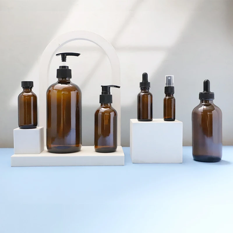 Boston round amber Bottle cosmetic packaging container skin care shampoo pump spray  sets