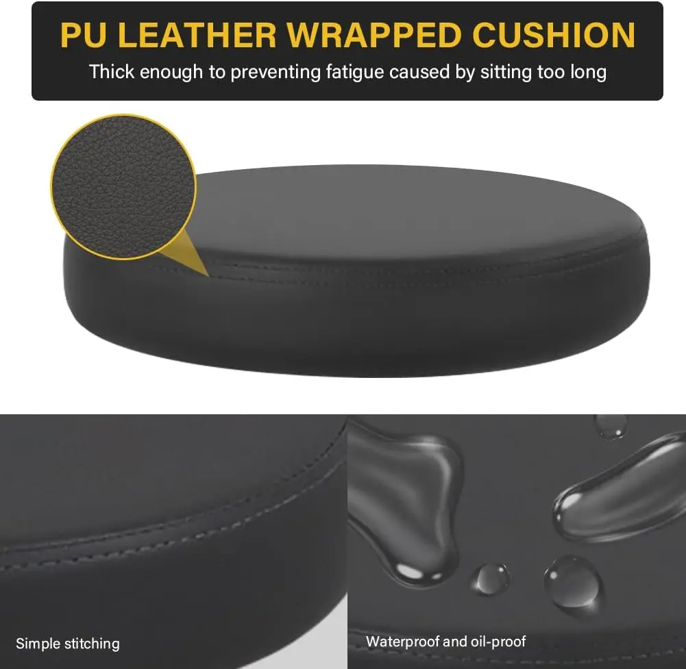 Round Rolling Stool with Footrest PU Leather Height Adjustable 360 Swivel Stool with Wheels Office Stool Chair