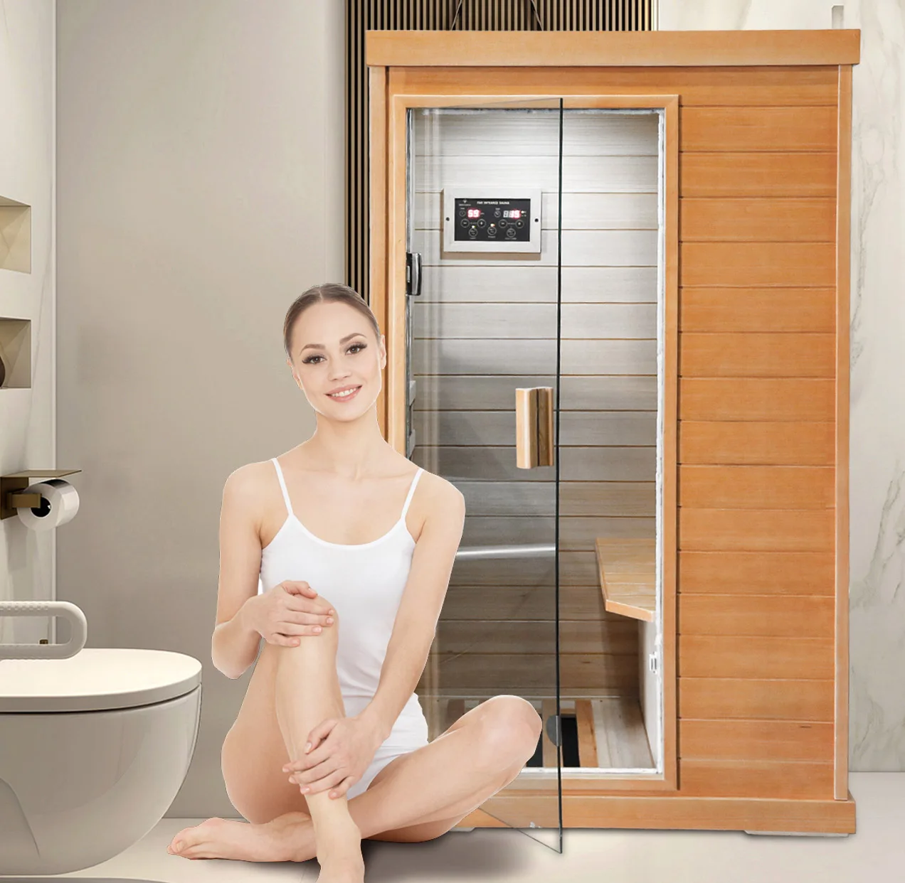 Mini Sauna Single spruce far infrared sauna room Power: 800 watts Number of heating plates: 5 Maximum 60 degrees Celsius  sauna