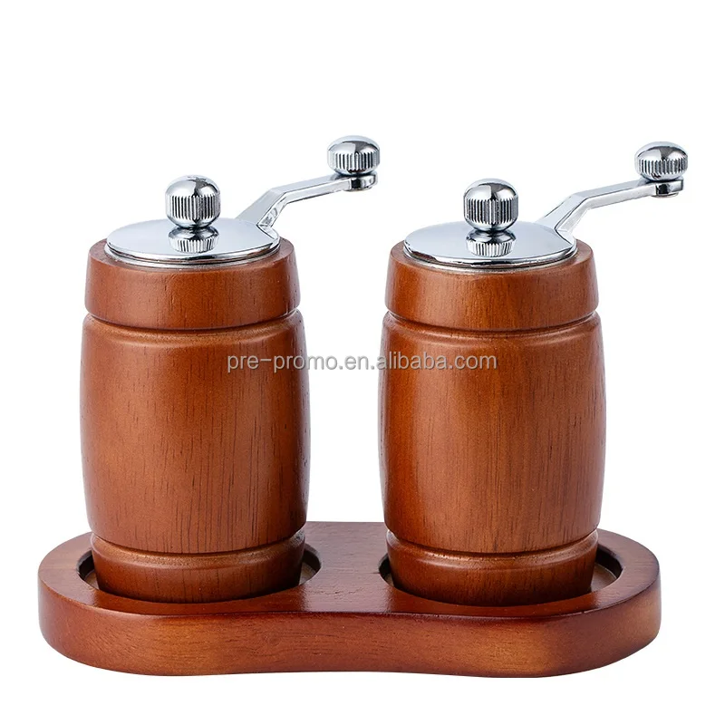 Wholesale Stocked Kitchenware 2pcs Zinc Alloy & Wooden Barrel Hand-Operated Pepper Mill