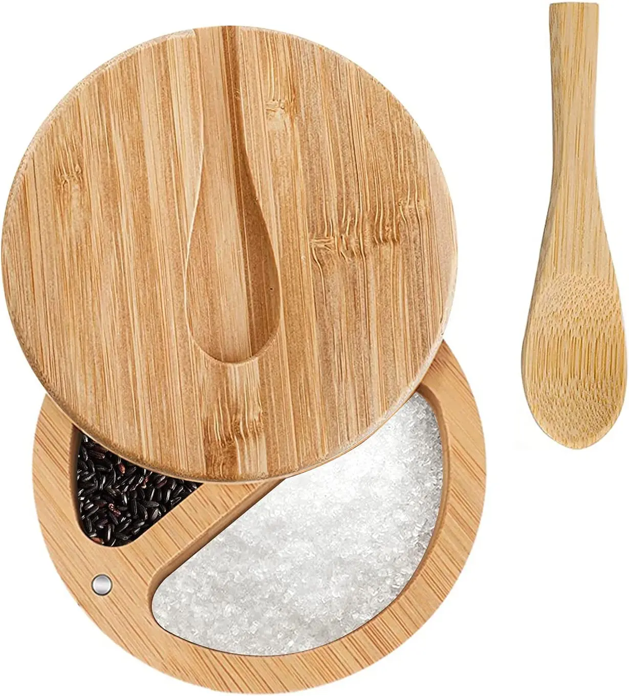 Bamboo Spice Box with Spoon and Swivel Magnetic Lid, 2 Compartment Bamboo Kitchen Spice Storage Containers for Salt Pepper Sugar