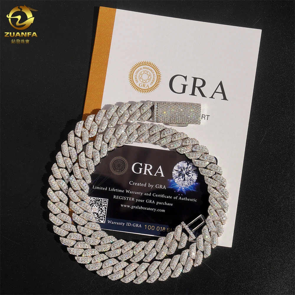 New Arrival Passed Diamond Tester 13mm 3rows S925 Silver Vvs Moissanite Chain Cuban Hip Hop Jewelry