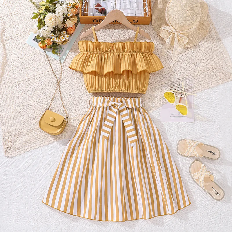New fashion 2 Pcs Teen Girl Clothing Sets Stripe Sleeveless + Skirt Clothes Big Girls 8 9 10 11 12Y
