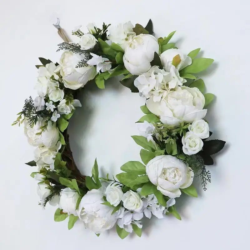 Door Hanging Candle Holder Holiday Wreath Decoration Artificial Silk White Peony Flower Wreath For Wedding Christmas Funeral