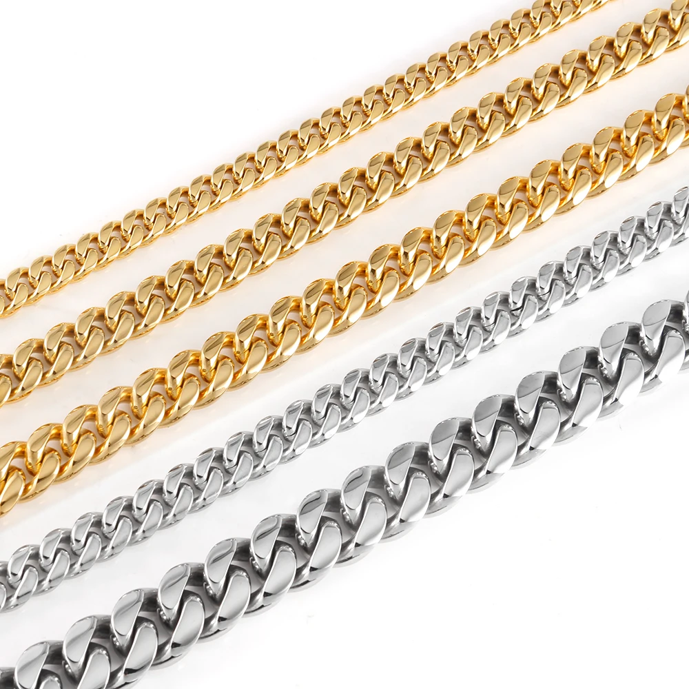 OUMI 12mm Fine 18K Gold Hip Hop Necklace Stainless Steel Chunky Waterproof Jewelry Curb Miami Cuban Link Chain For Men