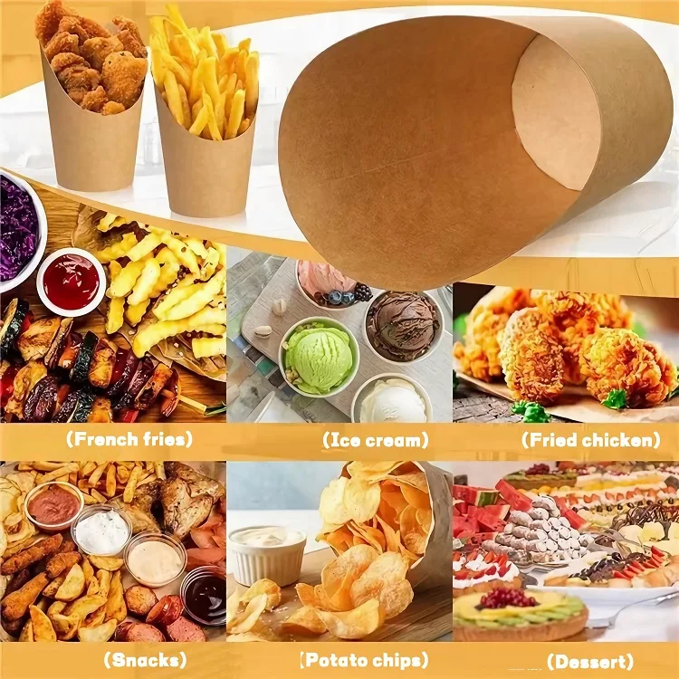2024 Customization Kraft Paper White Black Egg Puff French Fries Cone Fried Food Bevel Cup