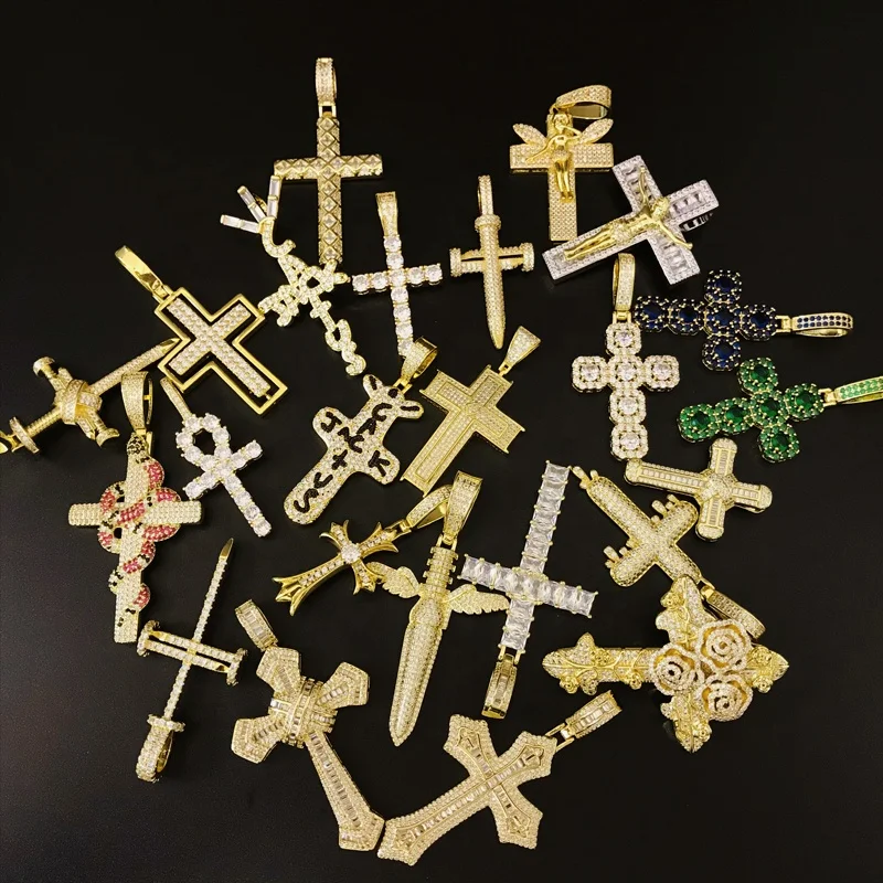 Iced Out Fast Delivery Cross Pendant Necklace Hip Hop 14k Gold Plated Zircon Cross Pray Jewelry Pendants