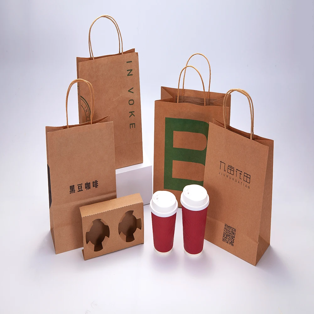 Wholesale Custom Logo Printing Drink Take Away Kraft Paper Bag Milk Bubble Tea Packing Bag