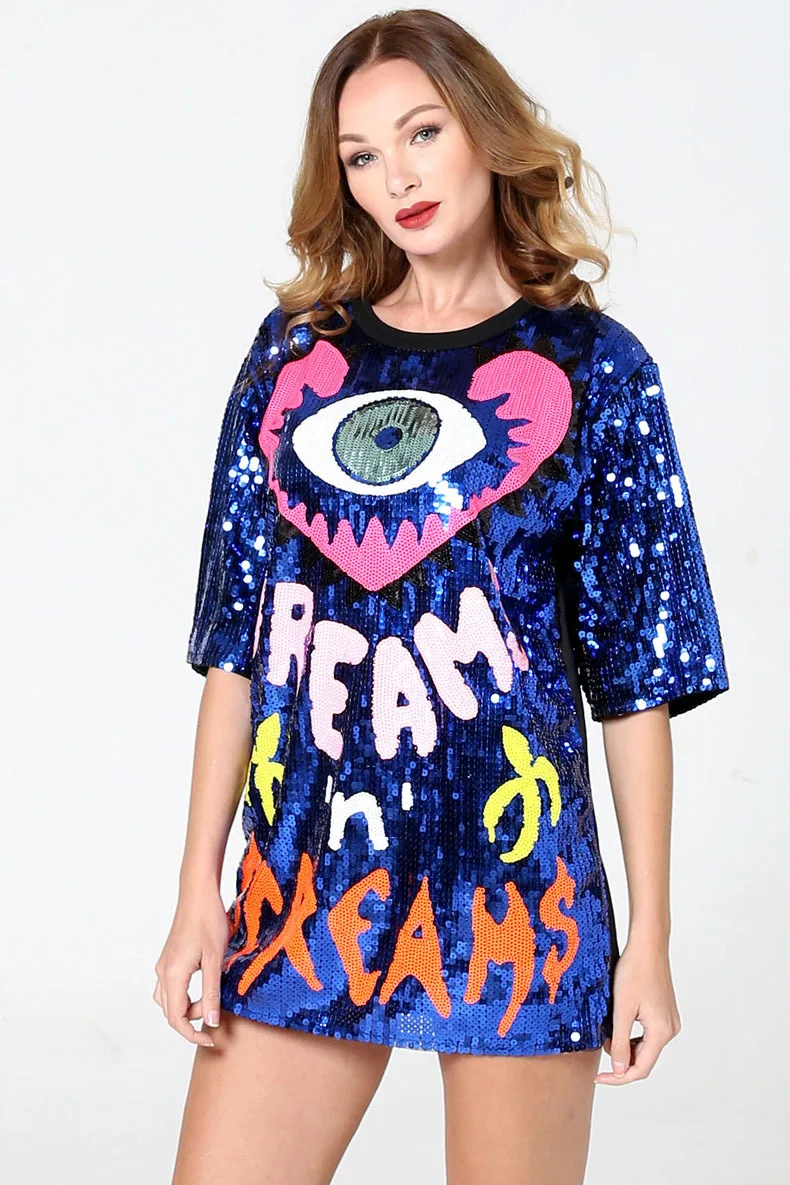 Ready TO Ship Evil Eye Jersey Sequin Dress Wholesale Ladies Shirt Shiny Woman Sequined Dresses