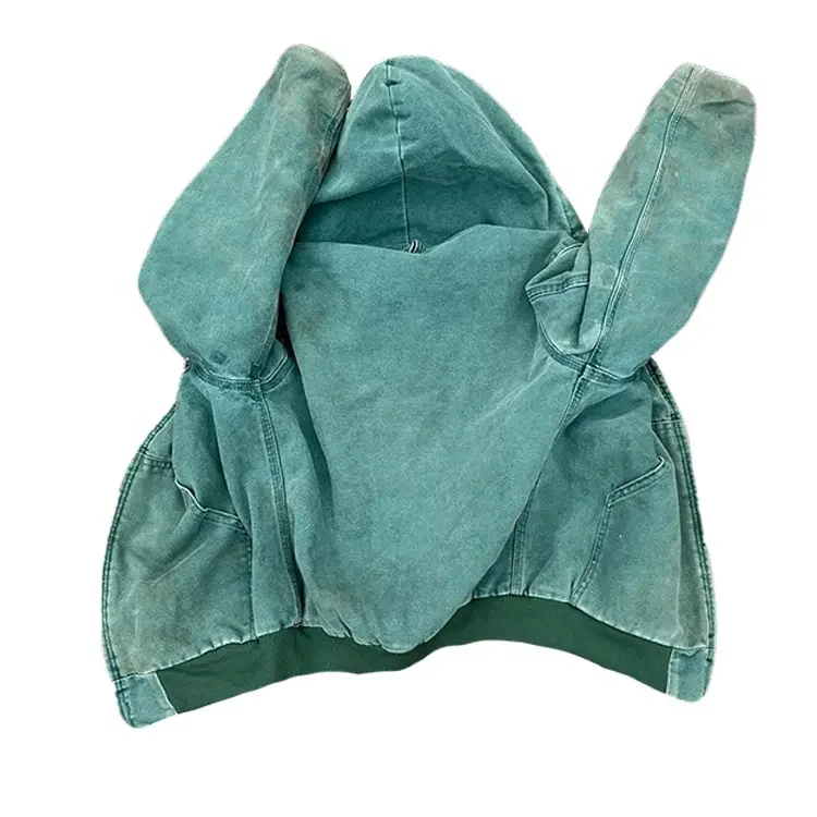 Custom Wash Heavy Duck French Terry  Work Jacket With Lined Vintage Faded Worker Hooded Jacket Zip Up Hoodie