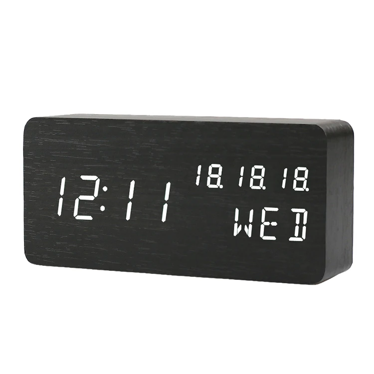 Hot Sale Wood Alarm Clock Smart Voice Control Desktop Digital LED Light wooden table clock temperature humidty display
