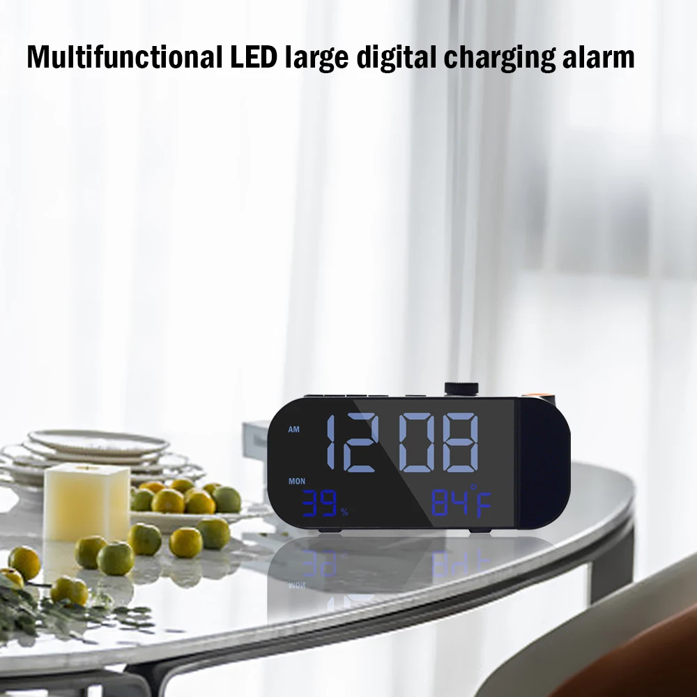 Projection Alarm Clock Digital Temperature Clock FM Radio Voice Control to Brighten Screen Clear Projector Display for Bedroom