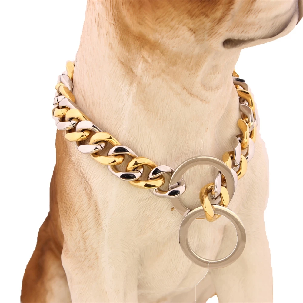 Factory Drop Shipping 15mm Stainless Dog Choker Dog Chains Gold Plated Dog Collar Pet Supplies