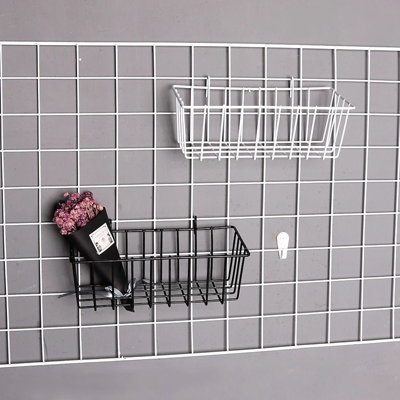Simple modern rectangle Black White Metal Wire Wall grid rack Mounted Hanging Storage Basket