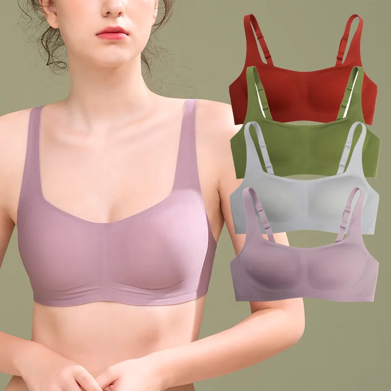 Ladies Solid Color Ice Silk Square collar  Push Up Seamless Lingerie Underwear  Wire Free Comfortable Padded Sleep Bra for women