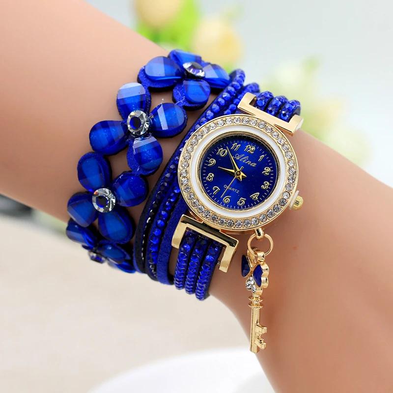 Fancy Flower Crystal Wrap Bracelet Quartz Wristwatch Casual Leather Rhinestone Strap Key Pendant Watch Relogio Feminino For Lady