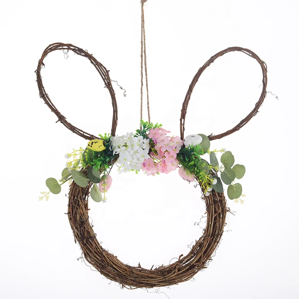 Easter Bunny Spring Wreath with Egg for Front Door Hanging Artificial Rabbit Flower Wreath