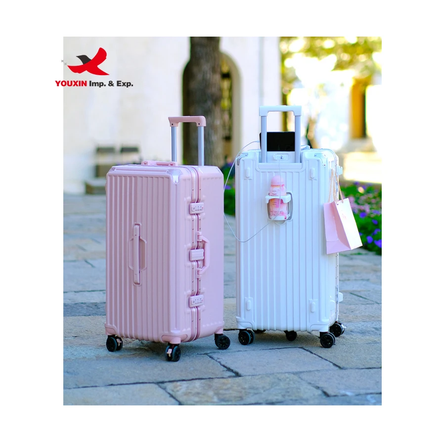 Manufacturer Supply Aluminium Alloy Trolley Suitcase Anti-collision Corner Design Luggage Case with Cup Holder USB Charging Jack