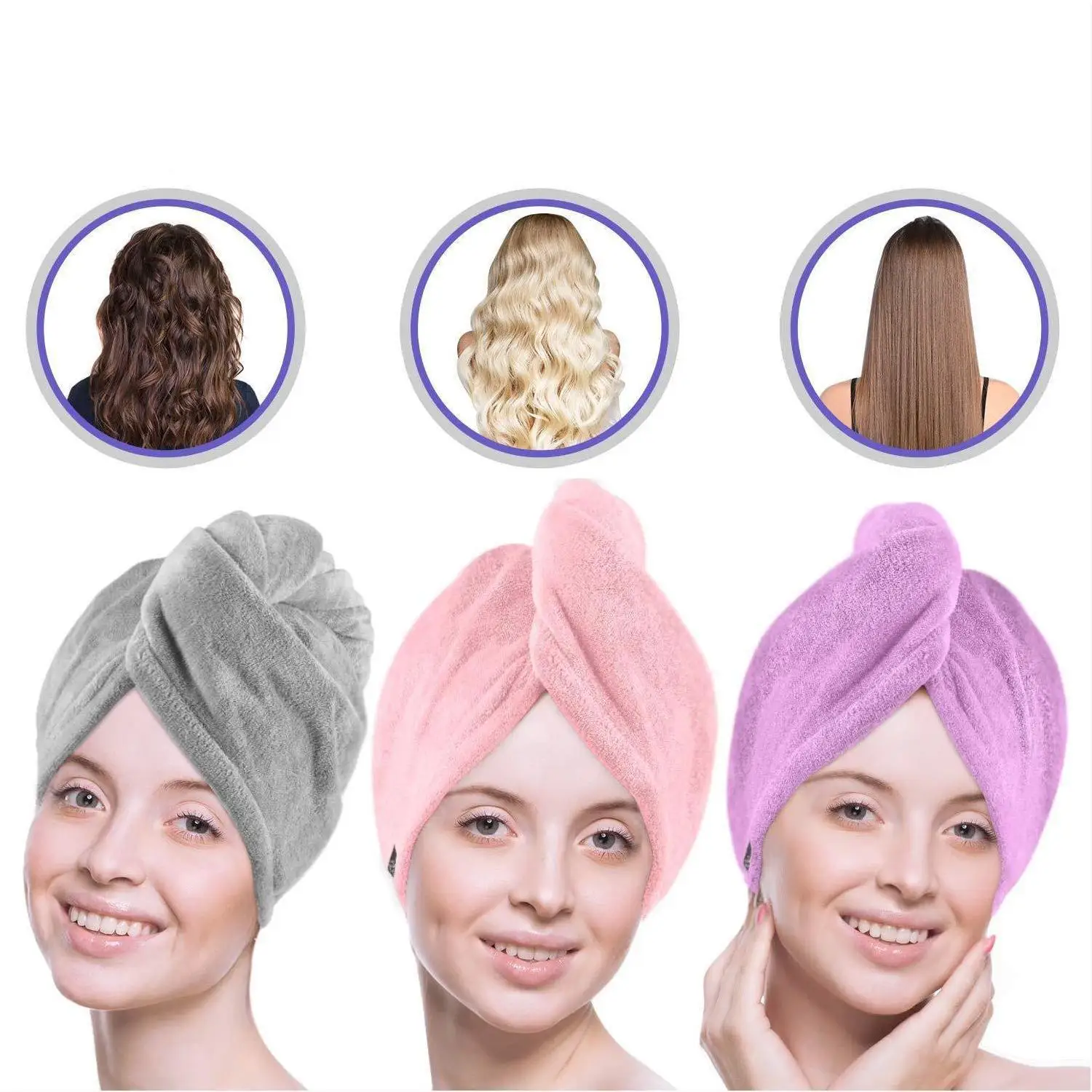 Microfiber Hair Turban Towel Wrap Embroidery Logo Super Absorbent Quick Dry Hair Towel for Drying Curly Thick Hair Towel
