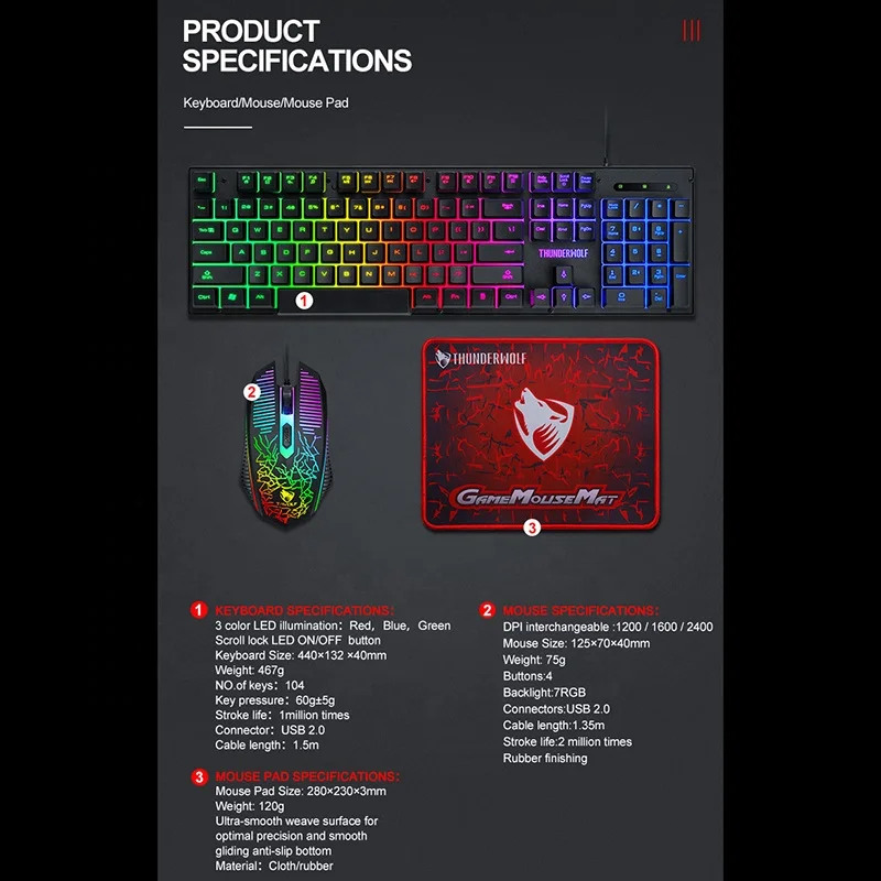 Hot Sale Twolf Tf31 3 In 1 Gaming Keyboard And Mouse And Combo With Mouse Mat Backlit Gaming Keyboard And Mouse RBG