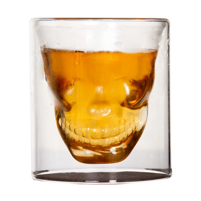 New Novelty Design Handmade Double Wall 2oz Borosilicate Rock Glass Skull Head Whisky Glass Cup
