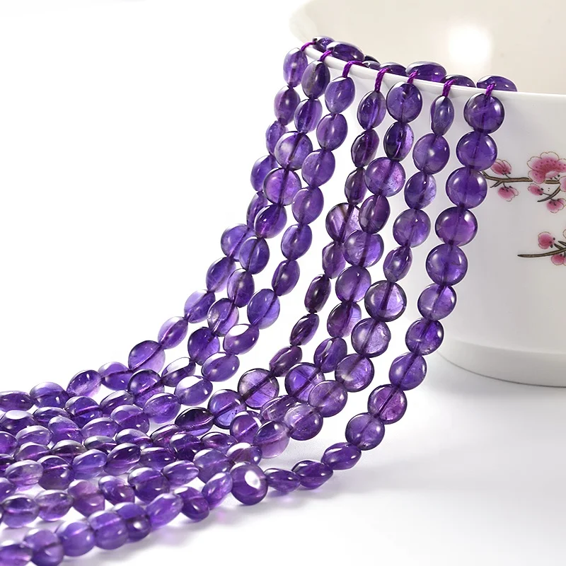 A Grade High Quality Semi- Precious Flat Puffy Round Healing Gem Stone Bead Natural Crystal Amethyst Beads For Jewelry Making