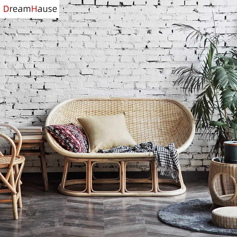 Dreamhause Natural Rattan Double Seat Sofa Living Room Balcony Restaurant Hotel Create Weave Sofa