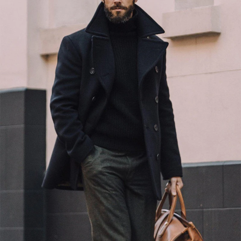 Custom High Quality Wool Double Breasted Peacoat Satin Lined Heavyweight Winter Jacket Men Ropa Vintage Premium Navy Pea Coat