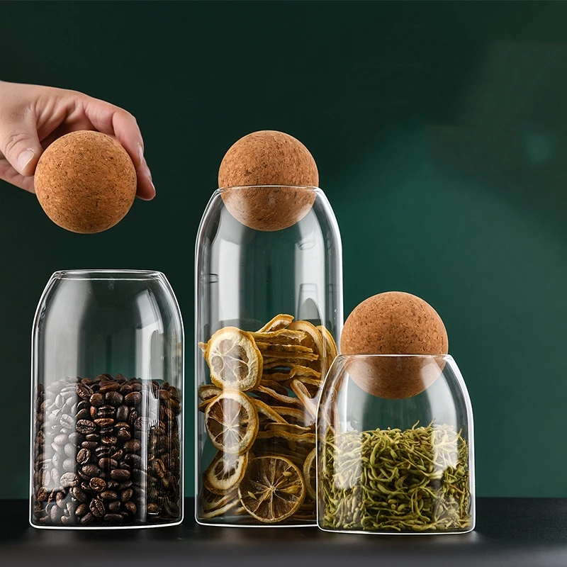 Modern Design Handmade Borosilicate Glass Jars with Wood Lid Cork Ball Stopper Glass Canister Jar for Food Storage in Kitchen