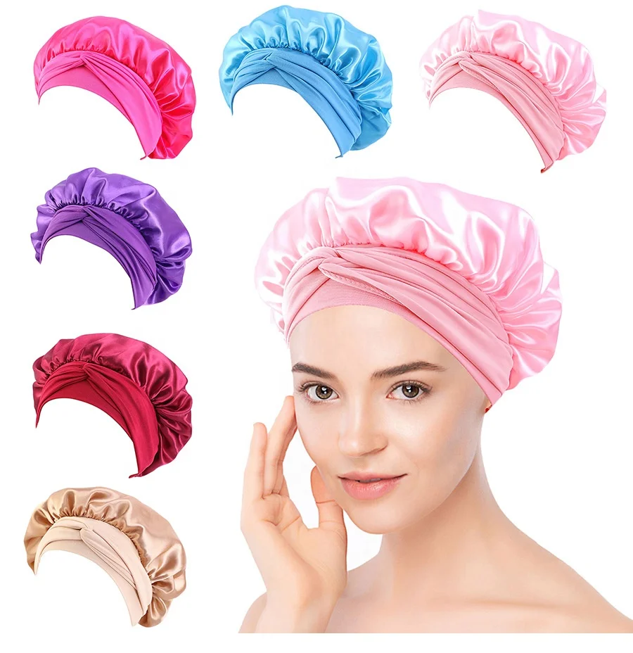 Low MOQ Solid Colors Hair Night Sleep Hat Elastic Wide Band Satin Bonnets for Women Curly Hair Care