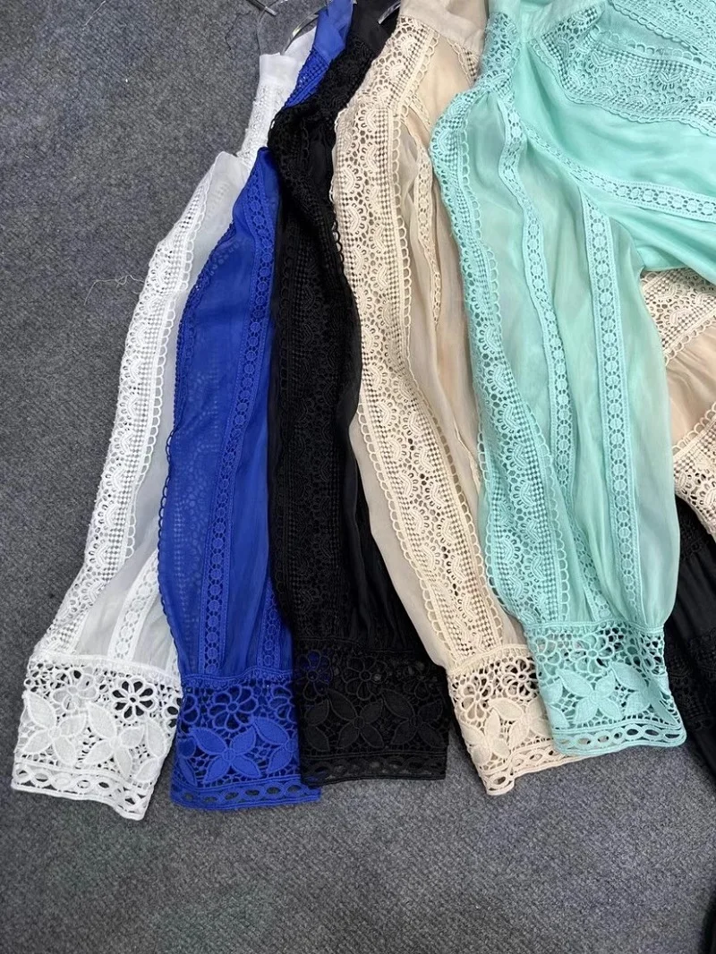 New 2023 Autumn Long Dress High Quality Women Crochet Lace Embroidery Patchwork Long Sleeve Black Blue Green Maxi Dress Tunic