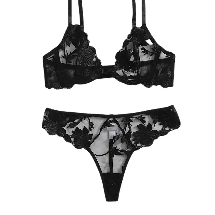 Amazon AliExpress sexy sexy bra set see-through mesh black embroidered 2 piece lace lingerie