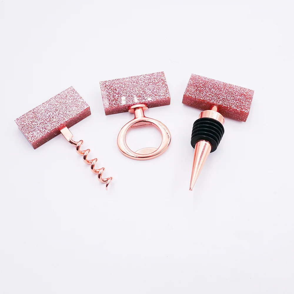 
new design sparkle rose gold acrylic cocrkscrew stopper bottle opener crystal wine set 