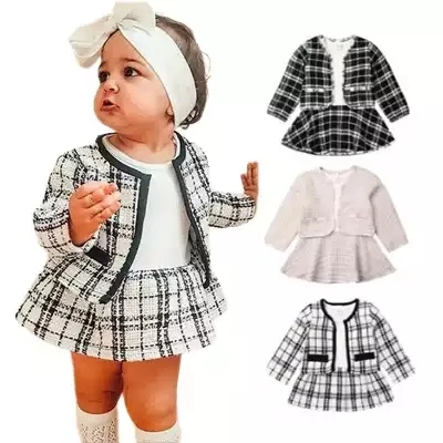 Autumn Winter Party Kids Clothes For Baby Girl Fashion Pageant Plaid Coat Tutu Dress Outfits Suit Toddler Girl Clothing Set