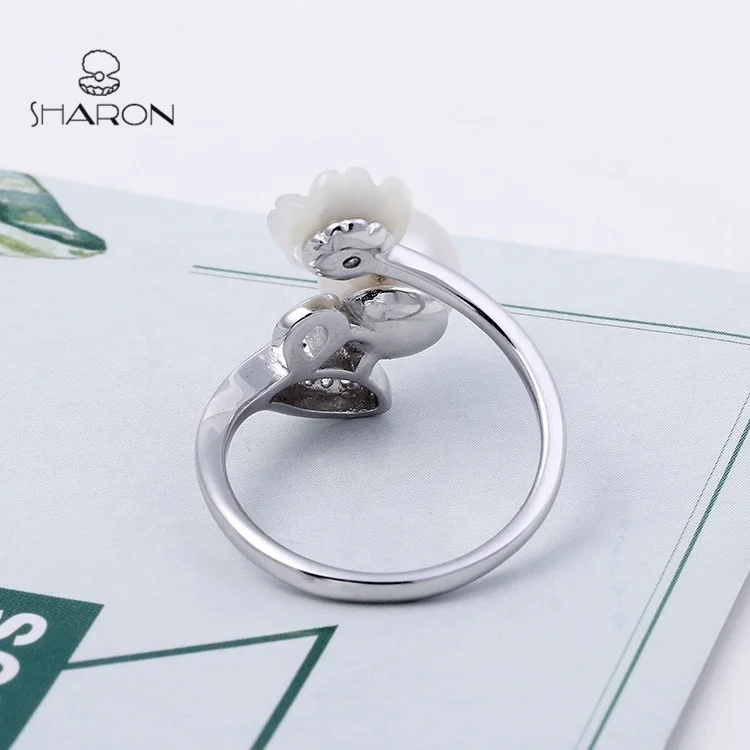 Manufacturer Wholesale Sharon Shell Flower Leaf 925 Sterling Silver Pearl Fashion Adjustable Ring For Women