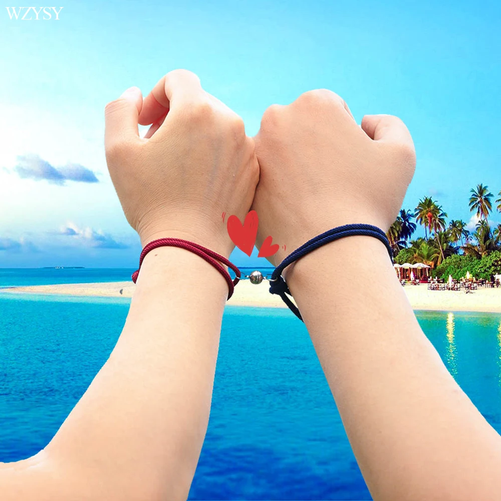 2pcs\Set New Stainless Steel Couple Bracelet A Pair of Magnet Ball Hand Men and Women Gift Friendship Charms Rope