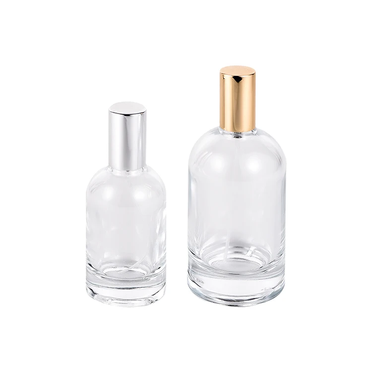 Custom Logo Low MOQ 30ml 50ml Cosmetic Reusable Boston Round Fine Mist Spray Pump Glass Perfume Bottle with Silver Golden Caps