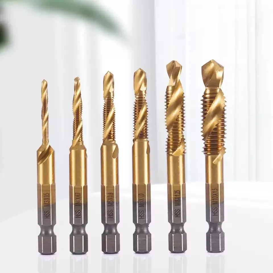 6Pcs HSS Tap Drill Bit Hex Shank Titanium Plated Screw Thread Bit Screw Machine Compound Tap M3 M4 M5 M8 M10 Hand Tools1/2/3pcs