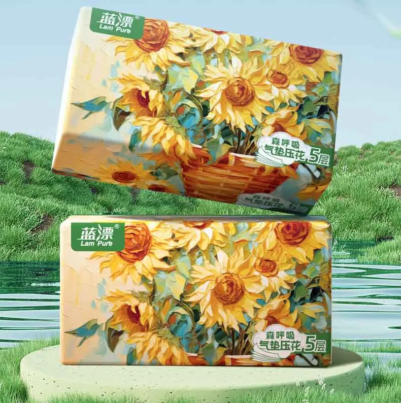 Lampure free sample virgin wood pulp facial tissure 280sheet 156*170mm 5ply pure white cloud Air-cushion embossing tissure paper